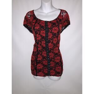 Avenue Womens Black & Red Floral Lace Top Size 14 16 Short Sleeve Y2K Style